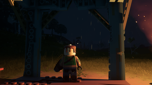 A rainy night in LEGO Fortnite.