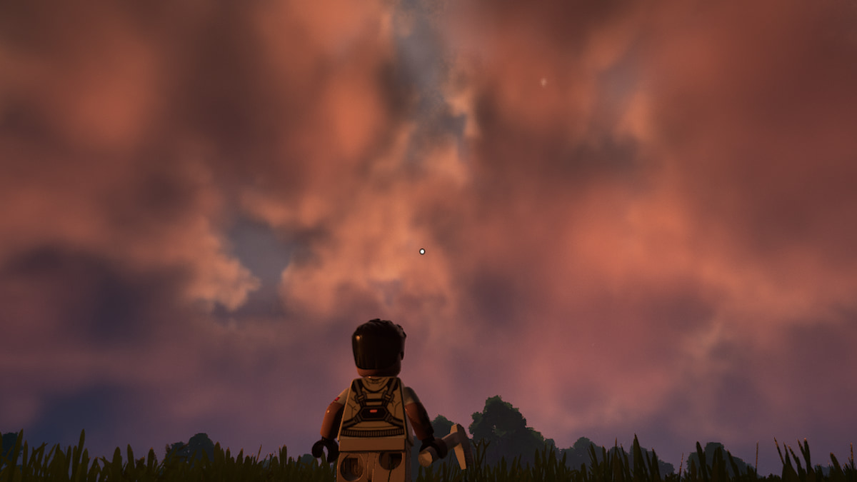 LEGO Fortnite player looking at the sky.