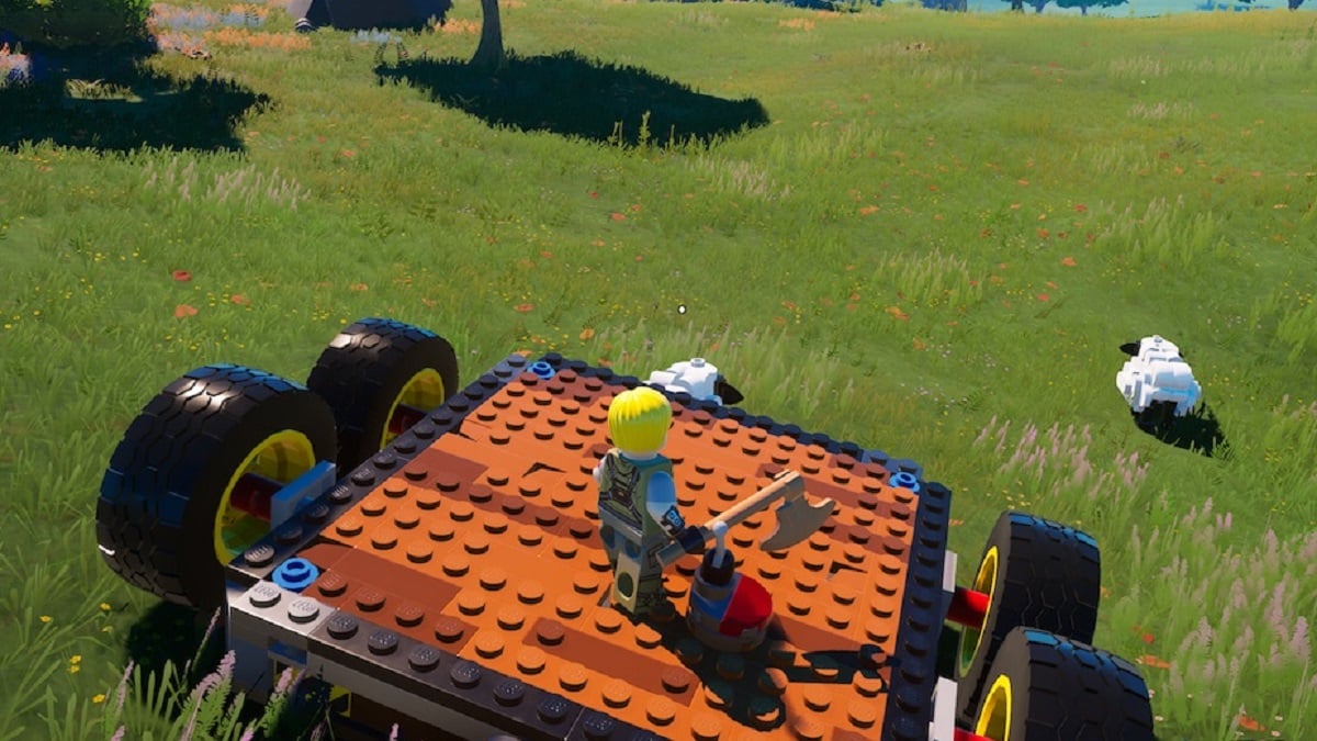 A LEGO Fortnite character riding a vehicle.