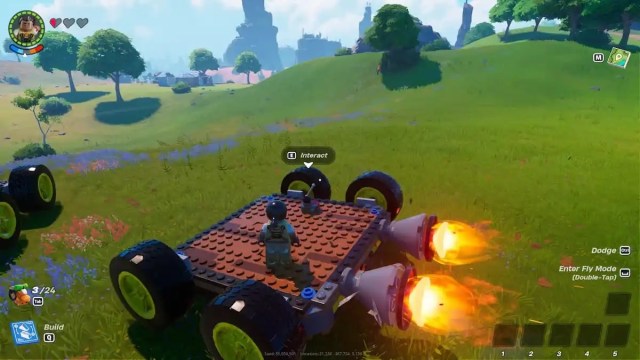A LEGO Fortnite character riding a vehicle with four wheels.