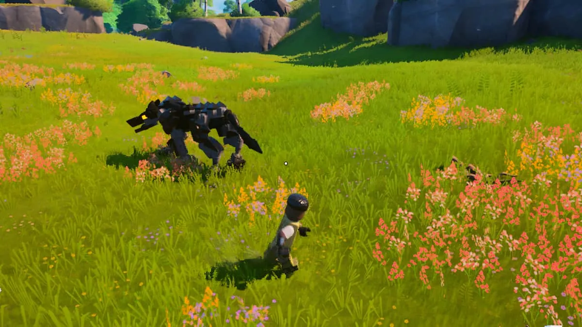 A LEGO Fortnite player fighting against a wolf.