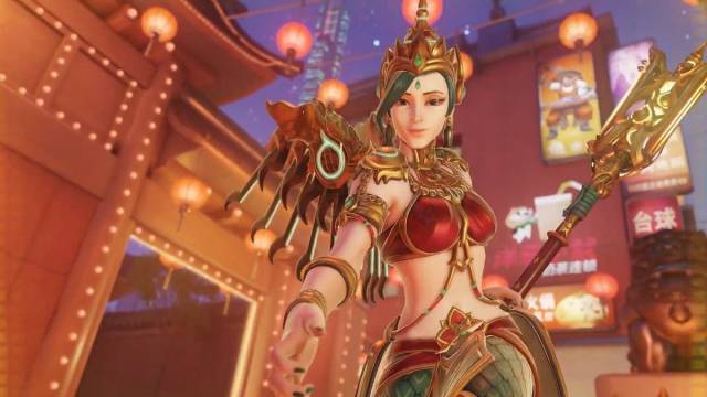 Mercy looks at the camera in her new skin for the 2023 Lunar New Year event in Overwatch 2.