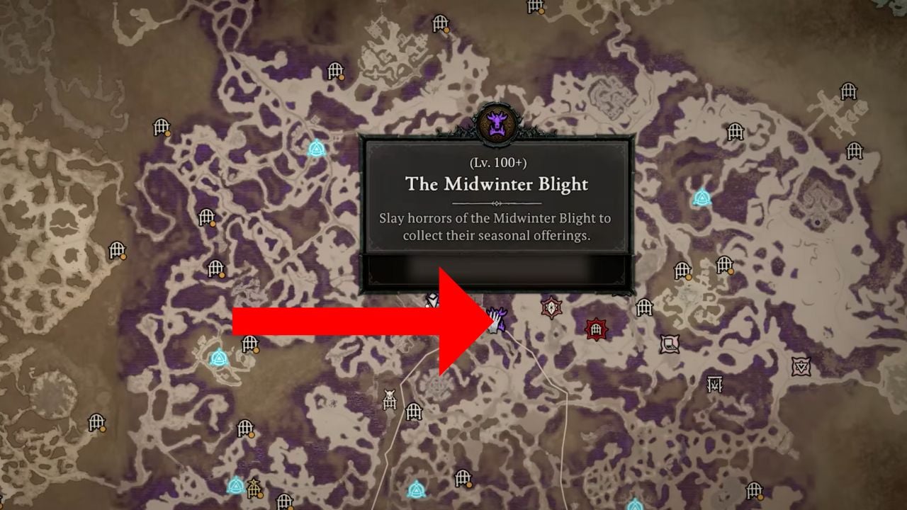 Red arrow pointing to a Midwinter Blight event in Diablo 4