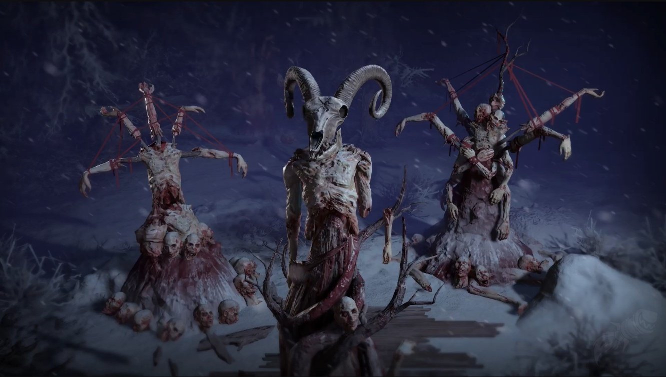 Frozen effigies made of discarded parts by Red Cloak Horror's minions in the Diablo 4 event Midwinter Blight.