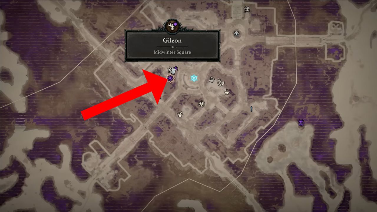 Red arrow pointing to Gileon vendor location in Midwinter Square Diablo 4