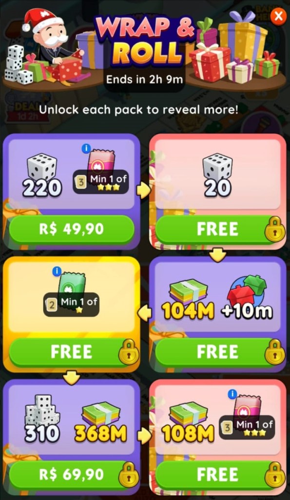 Wrap & Roll special offer prizes listed in Monopoly GO.