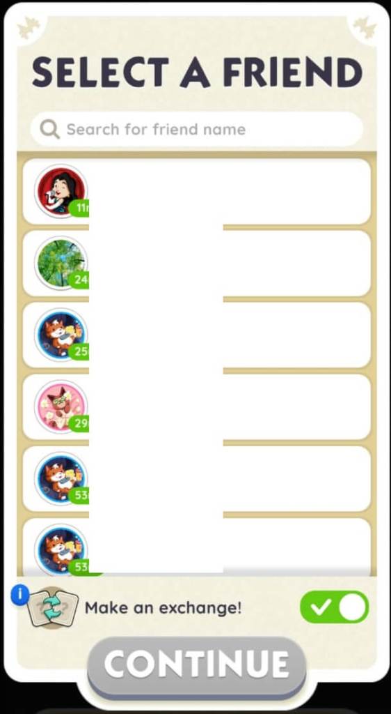 A screenshot of Monopoly GO showing the exchange stickers screen and a friends list.