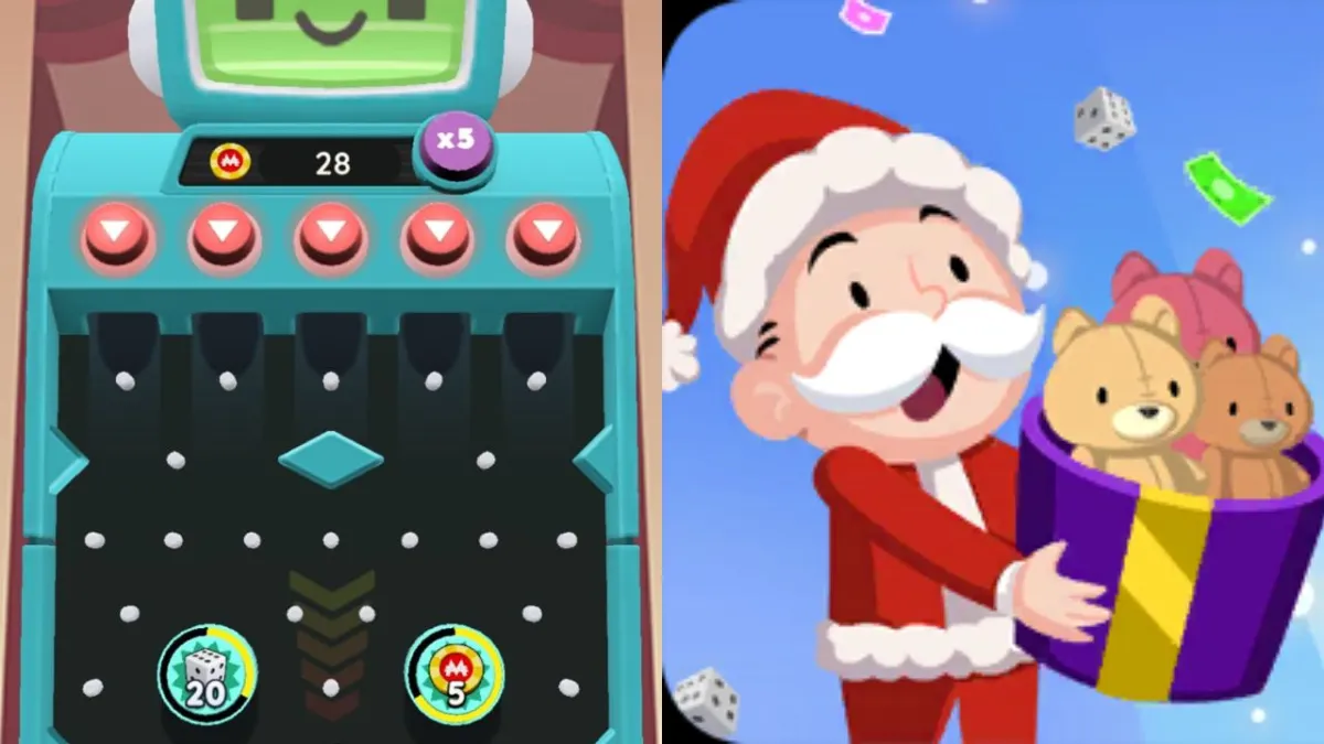 A Monopoly GO montage showing Peg-E on the left and Mr. Monopoly as Santa on the right.