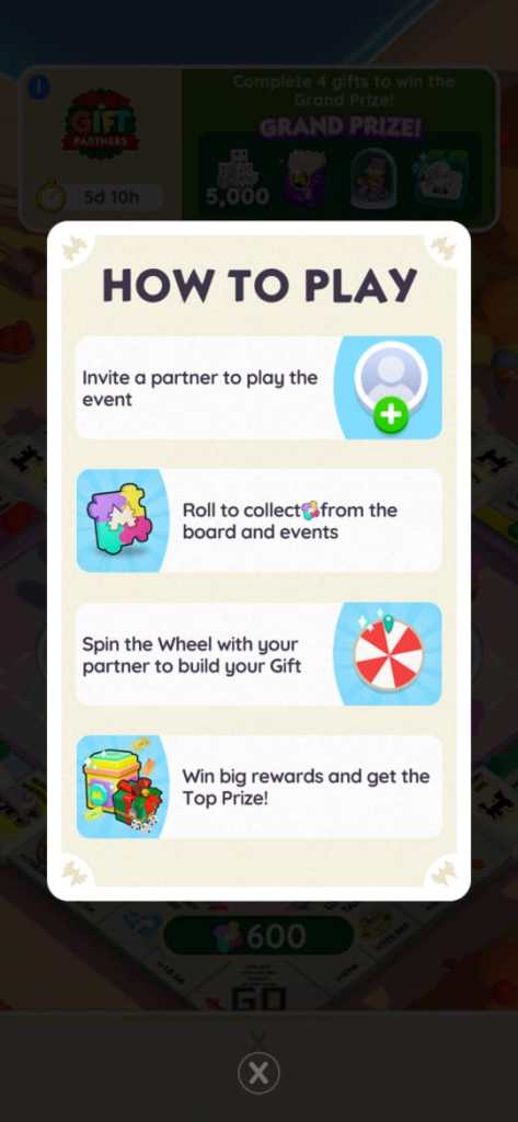 The instructions for Monopoly GO's Gift Partners event.