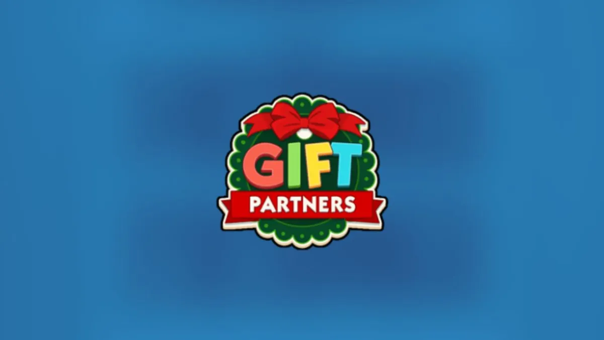 Monopoly GO's Gift Partners event logo on a blue background.