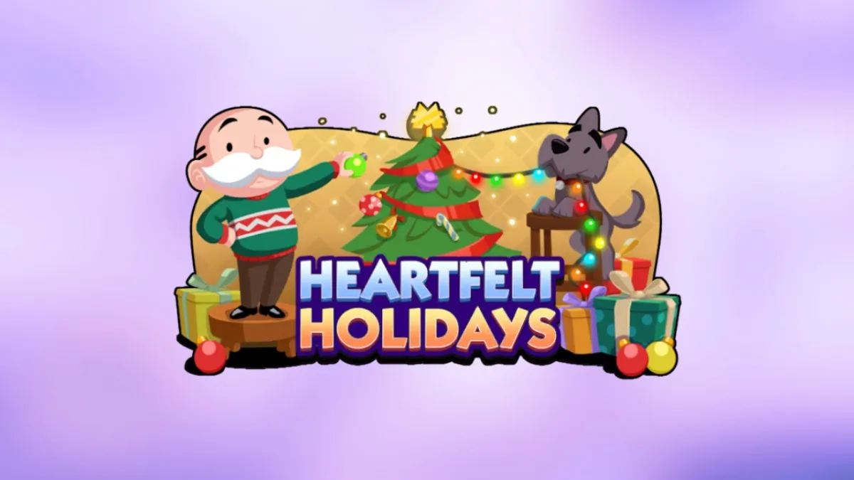 Monopoly GO's Heartfelt Holidays event logo on a purple background
