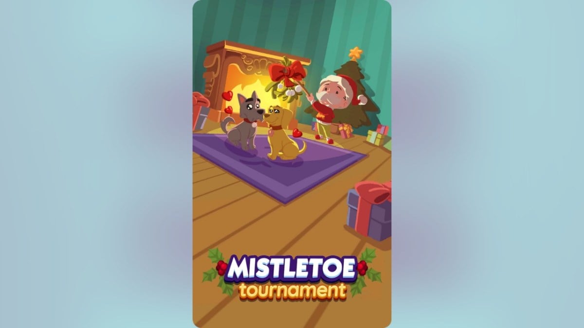 Mr. Monopoly hangs a mistletoe above two dogs.