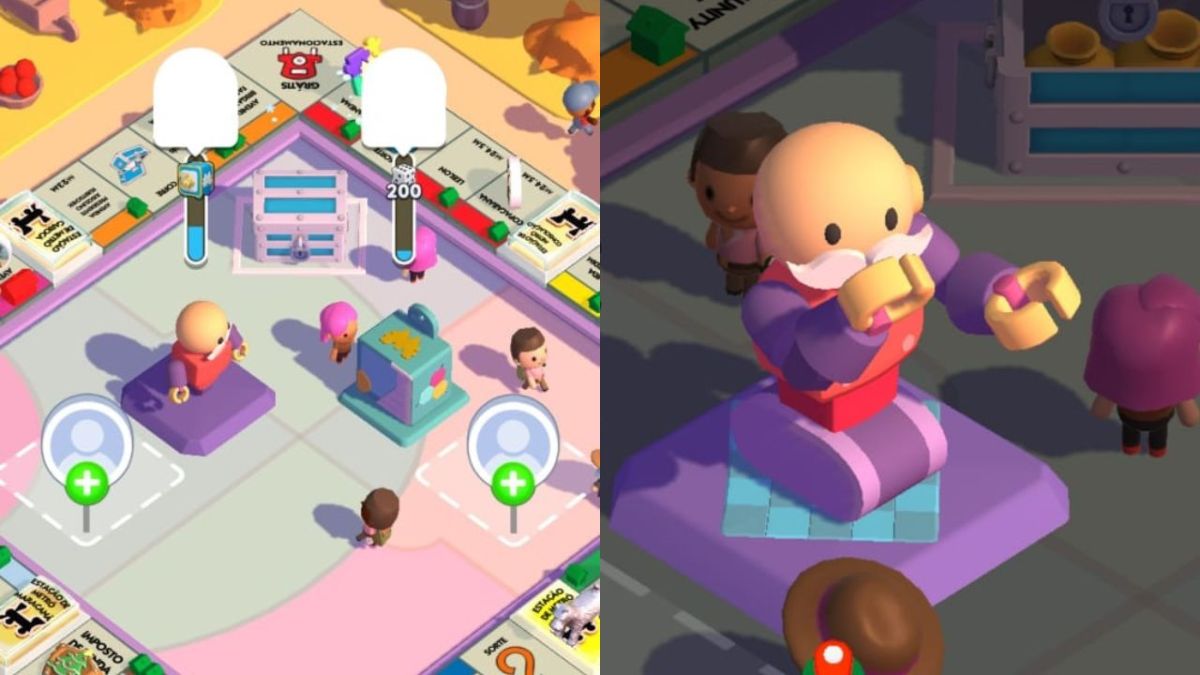 A split screenshot showing the Monopoly GO board on the left and the toy from Gift Partners on the right.