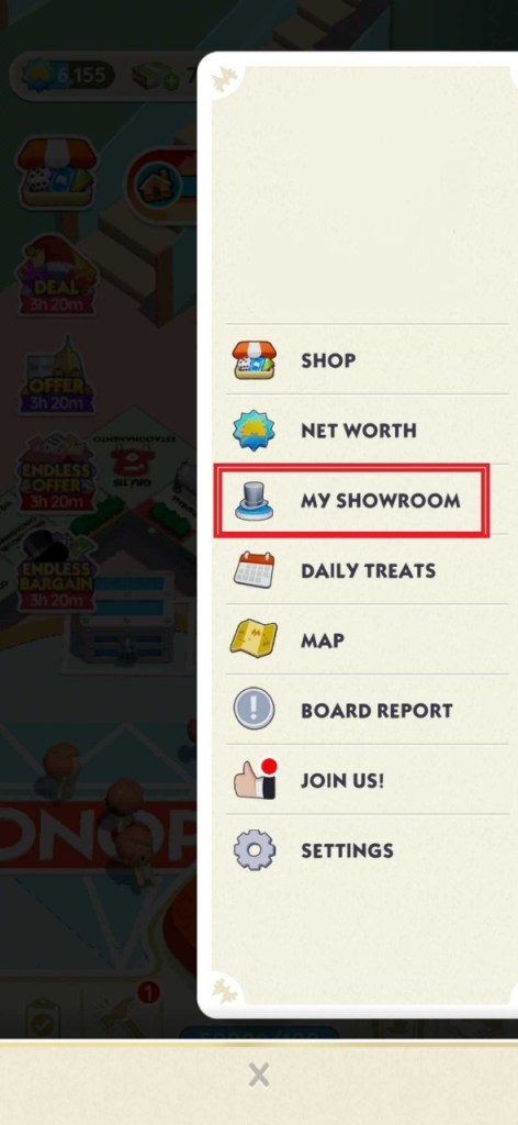 An altered Monopoly GO screenshot showing the menu with the My Showroom option highlighted in red