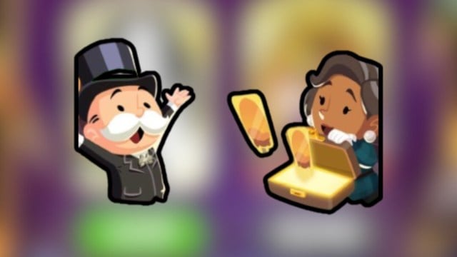 Monopoly GO's characters trading gold stickers.