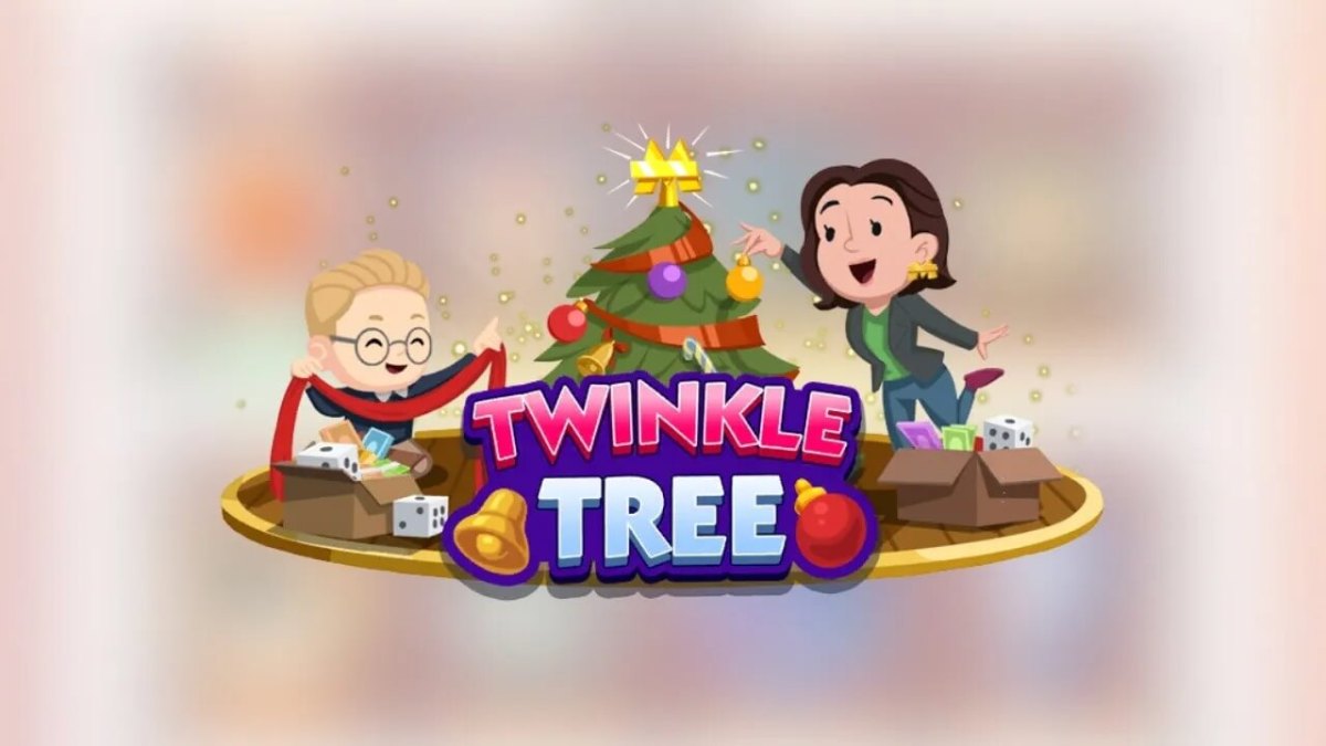 Monopoly GO's Twinkle Tree event logo showing two characters decorating a Christmas tree