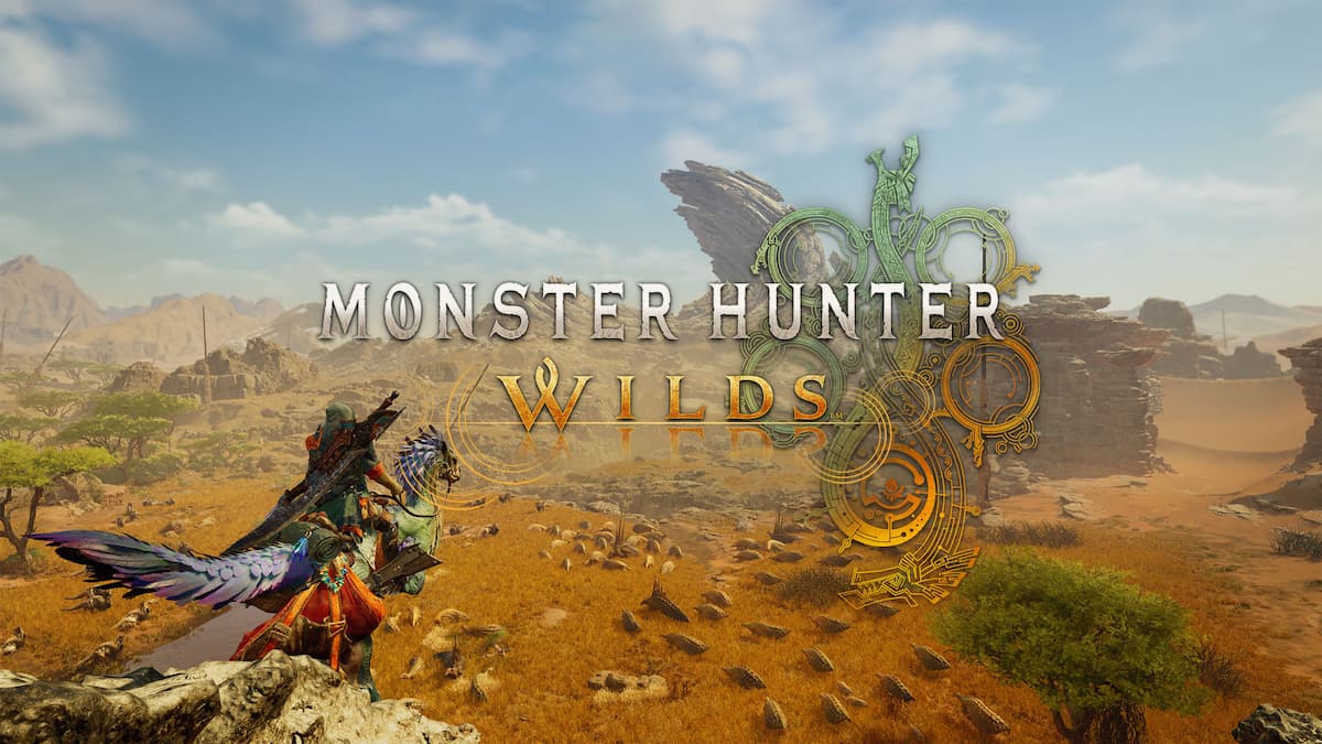 Arid scenery with Monster Hunter Wilds logo and hunters facing a faraway rock.