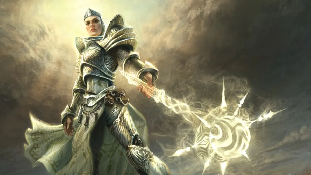 A woman in a breastplate and eclipsing a holy light points a glowing yellow mace towards the viewer in MtG.