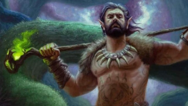 A man wearing a bear pelt and tattoos holds a glowing green staff in MtG.