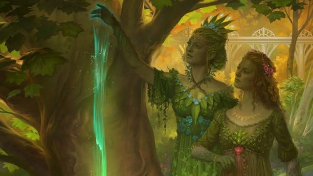 A pair of elven women hold a line of green energy next to a tree in MtG.