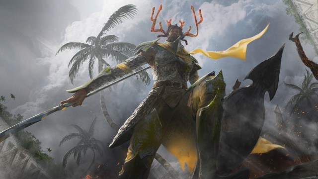 A man atop a dead dragon holds a spear off to the left. The man has deer-like horns of red and yellow against a cloudy sky in MtG.
