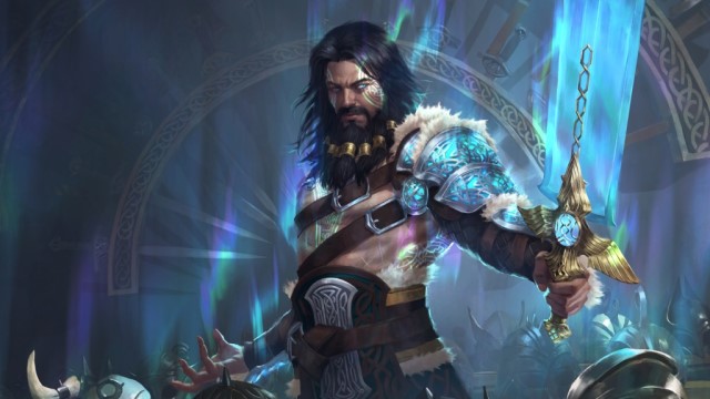 A man with runes lighting up his bare body and metal-covered arm holds a glowing blue sword in MtG.