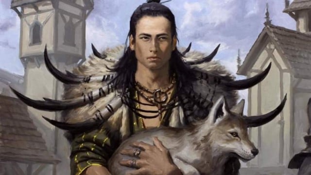 A man wearing horn-like armor carries a wolf through a town in MtG.