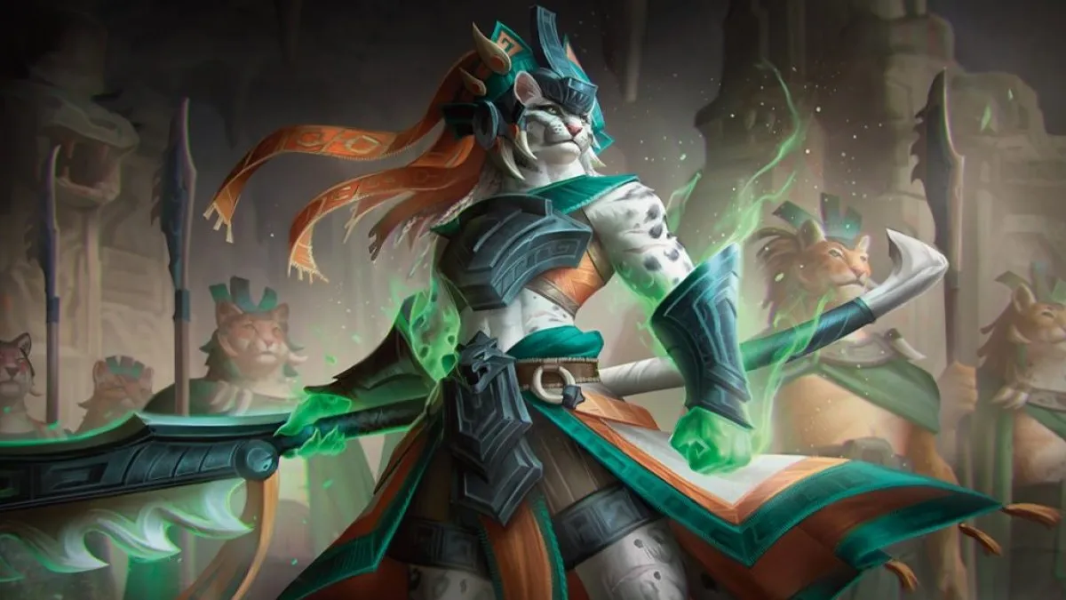 A catlike woman with a large staff and green, crossing armor stands in a temple in MtG.