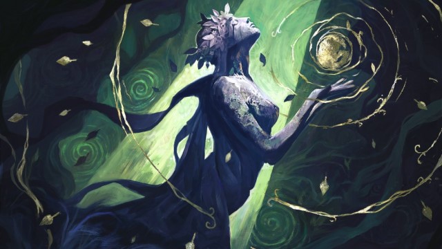 A female-looking statue holds a swirling moon-like object in MtG.