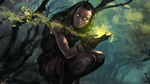 A woman with glowing green eyes hold a glowing yellow ball by a riverside in MtG.