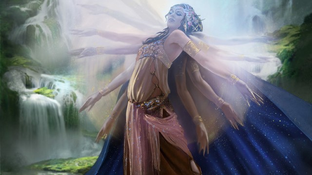 A woman in a natural environment and wearing a dress extends her arms, several visions of arms appearing above them, in MtG.