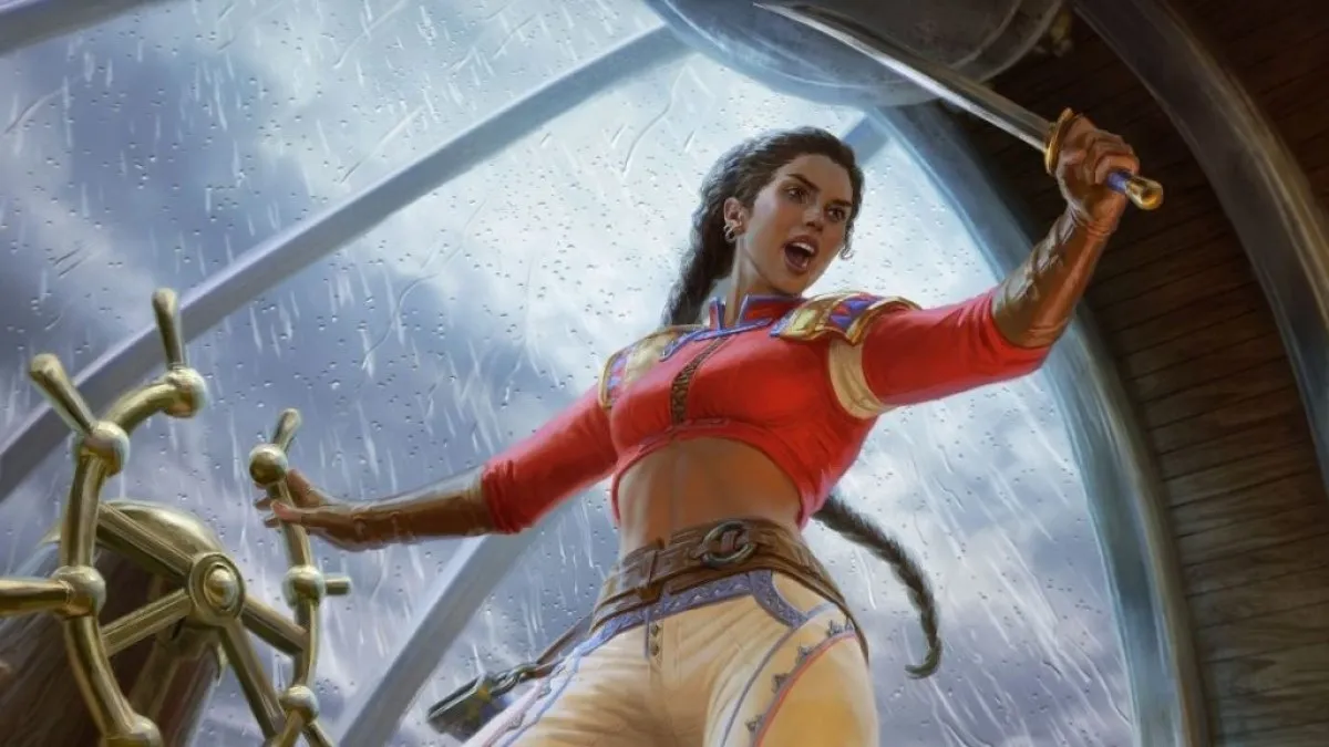 A woman in a red shirt and yellow pants shouts orders from the wheel of a ship, sword in hand, in MtG.