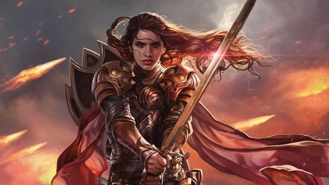 A woman holds out a sword toward the viewer in MtG.