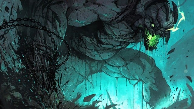 A gigantic, stone-like beast slams its fist into the floor as it approaches the viewer in MtG.