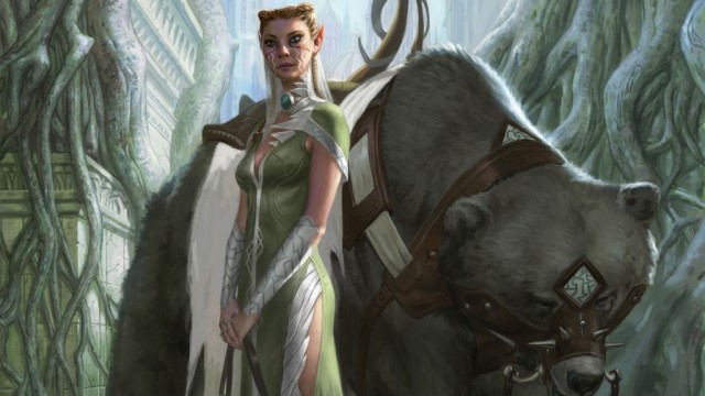 An elven woman in a green robe holds the leash of a large bear in MtG.
