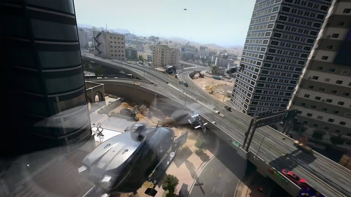 Helicopters eject flares while flying over a highway within a city in MW3.