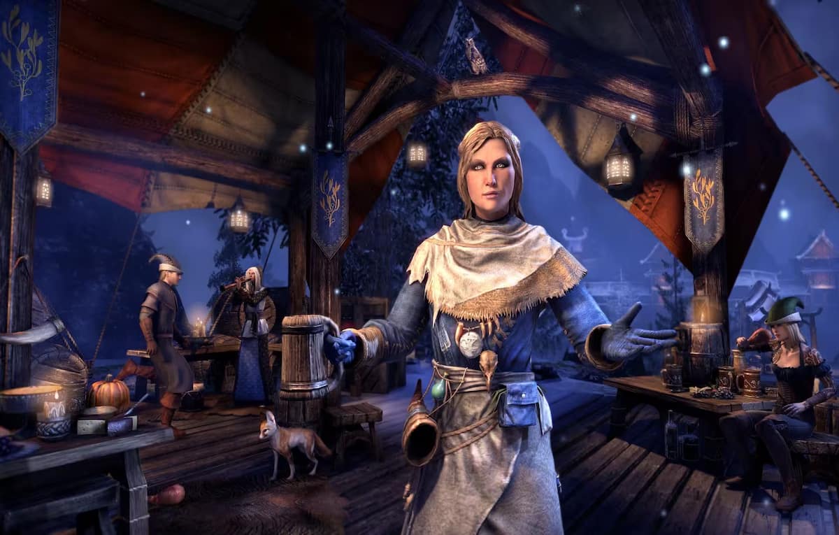 Breda in ESO holding a wooden mug welcoming the player.