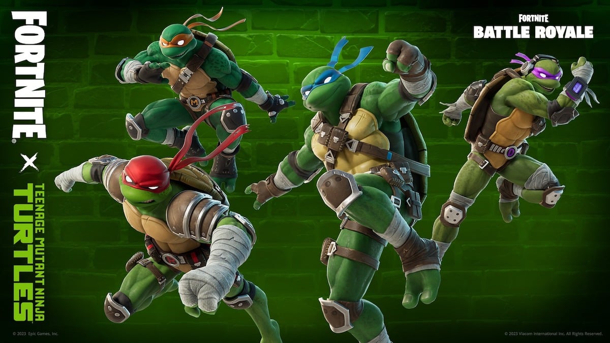 Ninja Turtles: Leonardo, Raphael, Michelangelo, and Donatello as Fortnite skins.