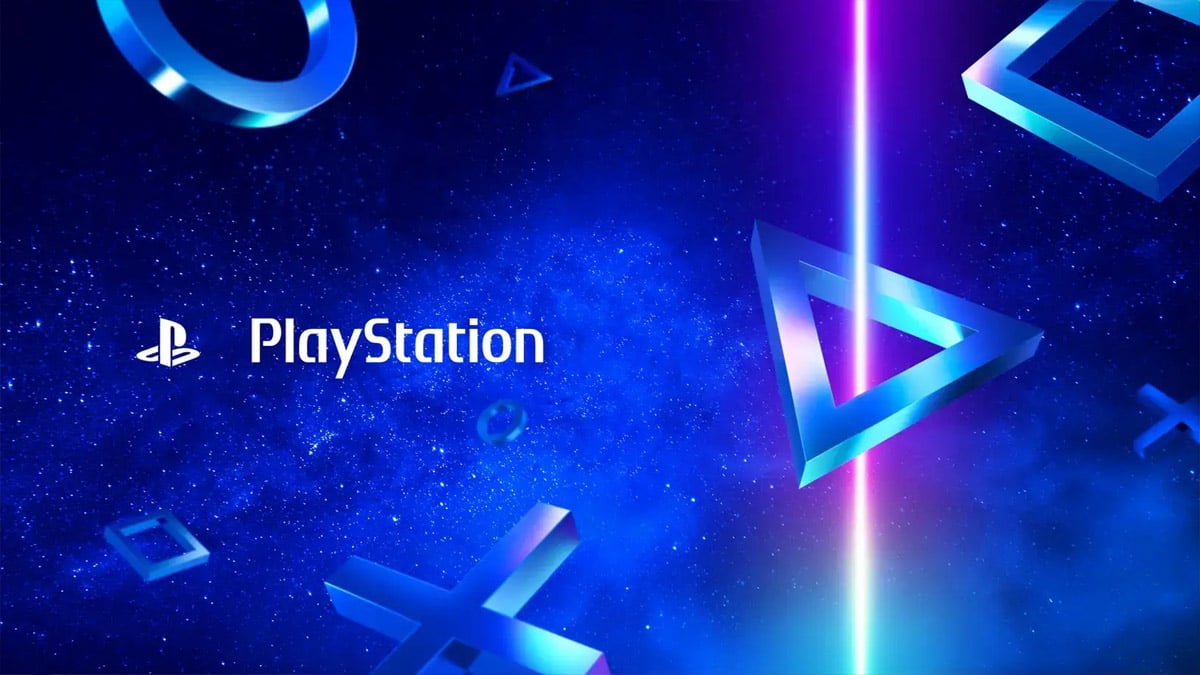 The PlayStation logo and text in front of a starry background with the triangle, circle, square and X floating around.