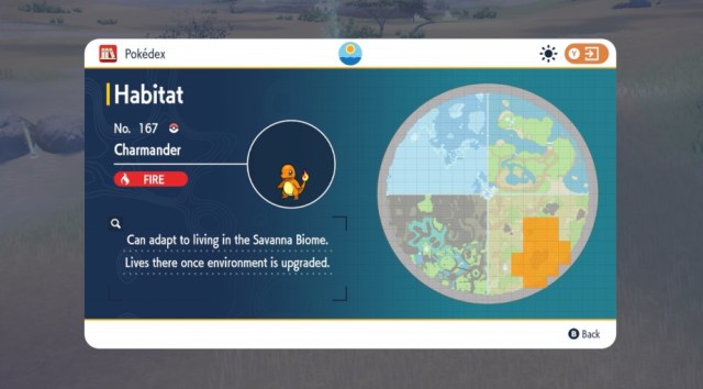 A screenshot of Charmander's Habitat page in the Blueberry Pokédex of Scarlet and Violet.