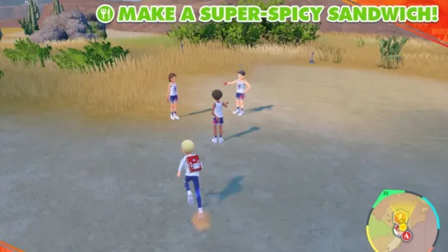 Screenshot from Pokémon Scarlet and Violet Indigo Disk featuring an objective to 'MAKE A SUPER-SPICY SANDWICH!' with the player approaching three NPCs in a field-like setting.