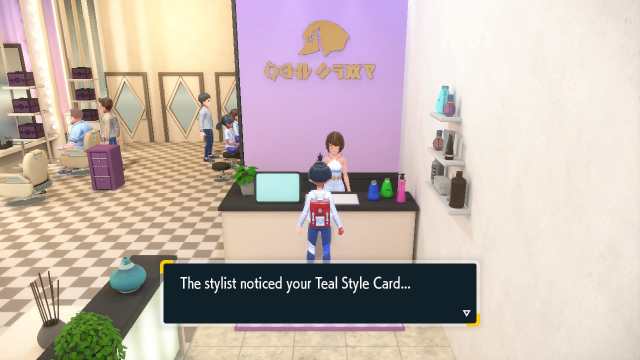 A Pokémon SV screenshot showing the player character speaking with the hairdresser attendant.