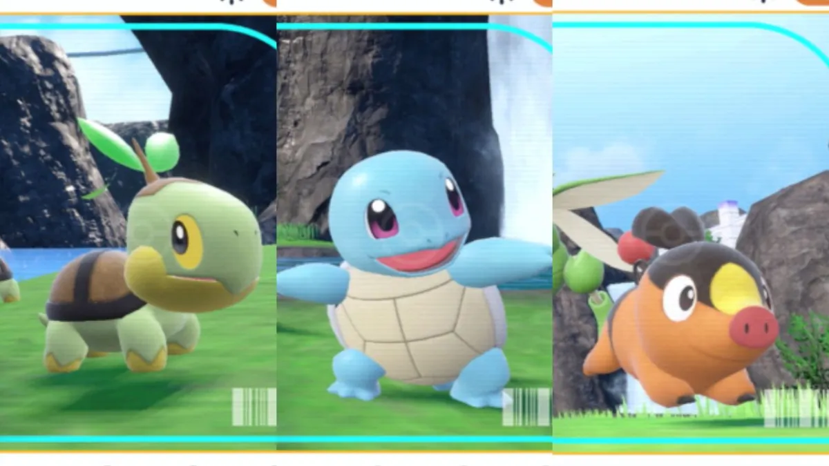 A split screen montage showing Turtwig, Squirtle, and Tepig Pokédex entries