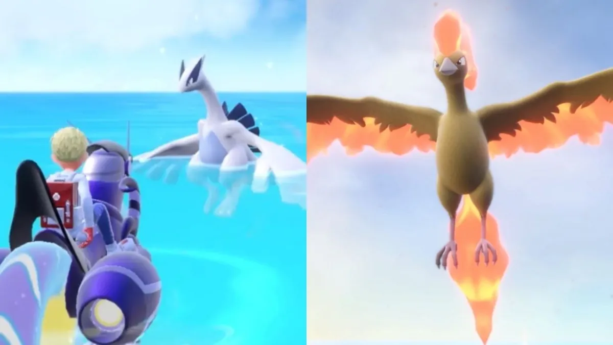 Split-screen image from a Pokémon Scarlet and Violet showing two scenes: on the left, a player character on a Miraidon encountering a Lugia on the sea; on the right, a Moltres in flight with its wings engulfed in flames.
