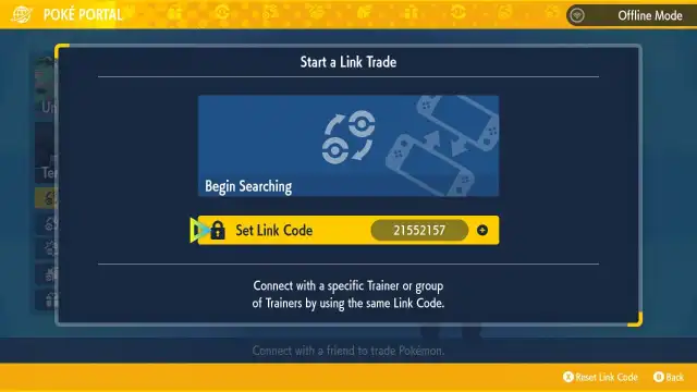 Screenshot of the Pokémon game's link trade interface displaying an option to set a link code.