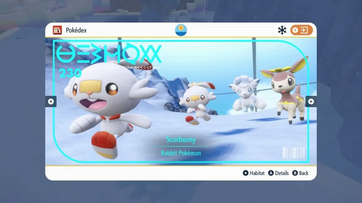 A screenshot of Scorbunny's Pokédex entry in The Indigo Disk, showing it jumping happily on snow.