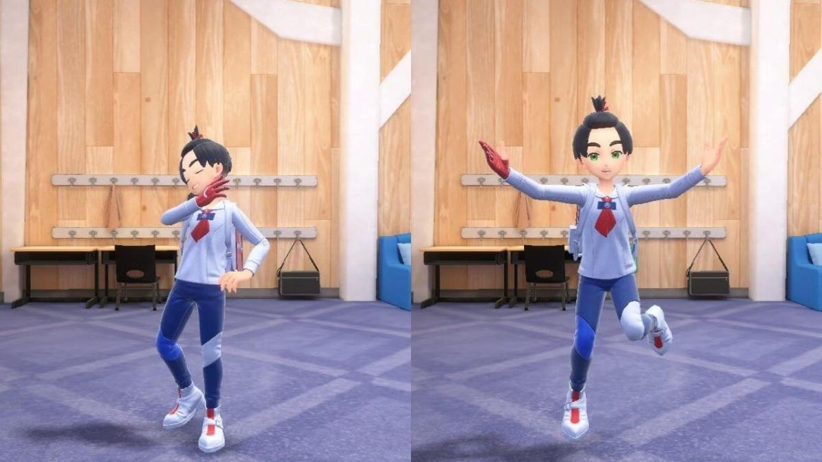 Split-screen image from Pokémon SV showing the player character performing two different throwing styles: on the left, a pose with a finger pointed upward, and on the right, a joyful throwing stance with arms outstretched