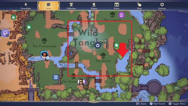 A map of Eternity Isle with a pond in The Grove highlighted.