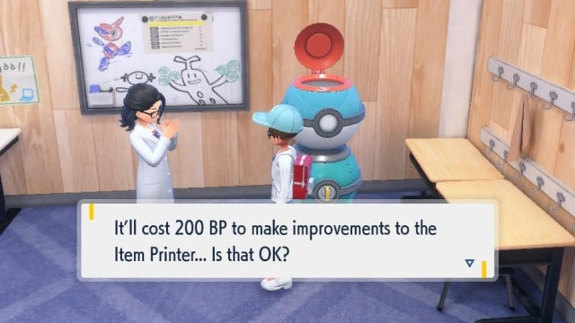 A scientist talks to a boy in the League Club Room of Pokémon Scarlet and Violet.