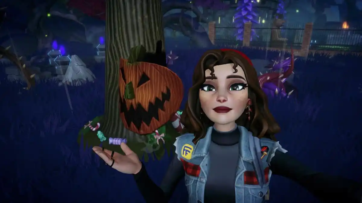 The player taking a selfie with the Matryoshka Doll pumpkin tree.